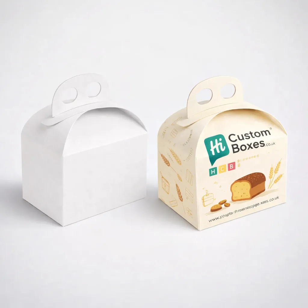 Two retail cartons with cutout windows, one plain white and one featuring yellow loaf cake branding. class=